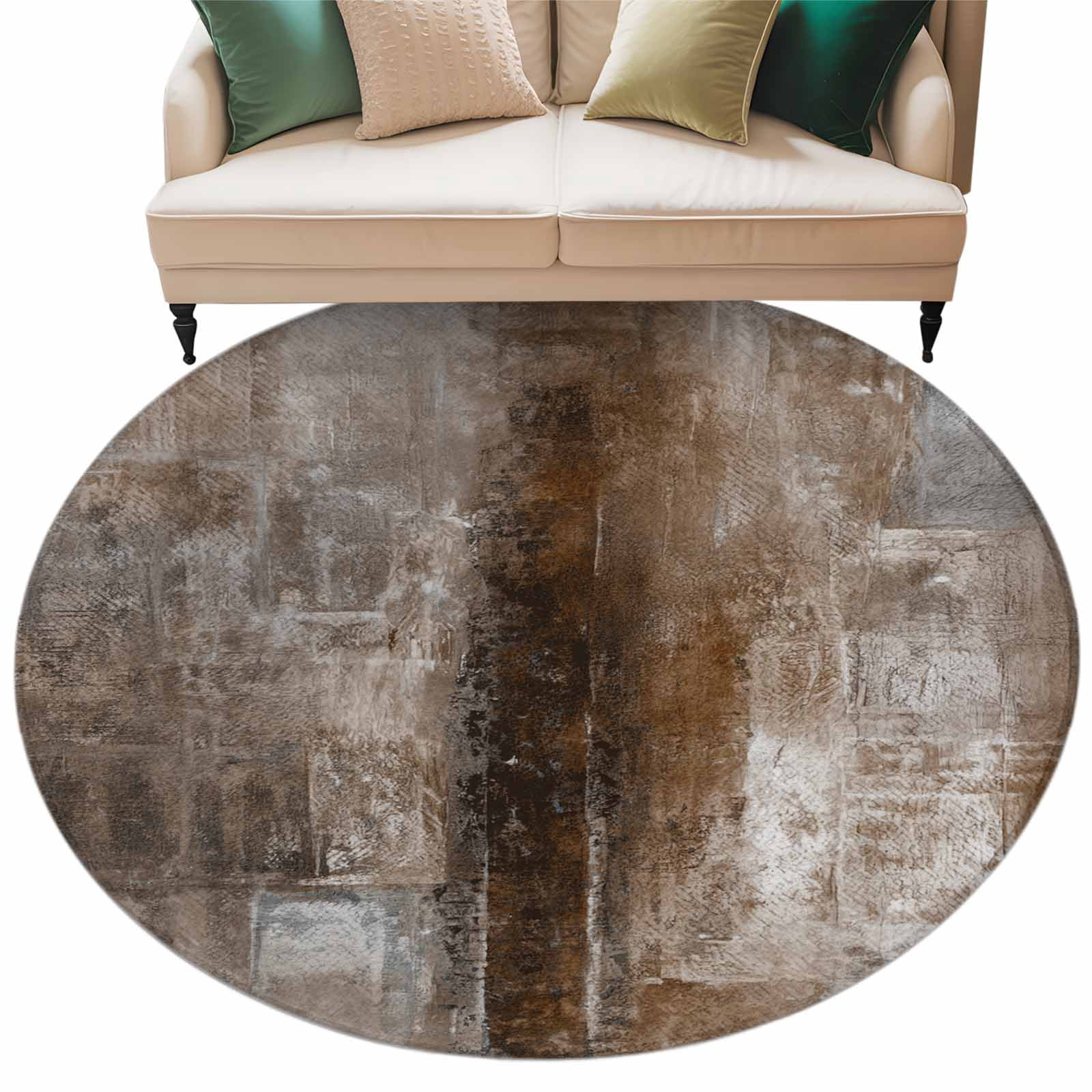 Brown Round Area Rug 6 FT, Non Slip Bedroom Area Rug, Retro Oil Painting Modern Abstract Art Aesthetics Washable Soft Circular Carpet Floor Mat for Kitchen Dining Room Home Office Kids Room