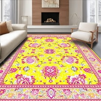 Flatwoven High Traffic Area Rug, Vibrant Groovy Flower Arrangement, Non Slip, Stain Resistant, Washable Area Rugs for Living Room, Bedroom(Yellow, 4X6)