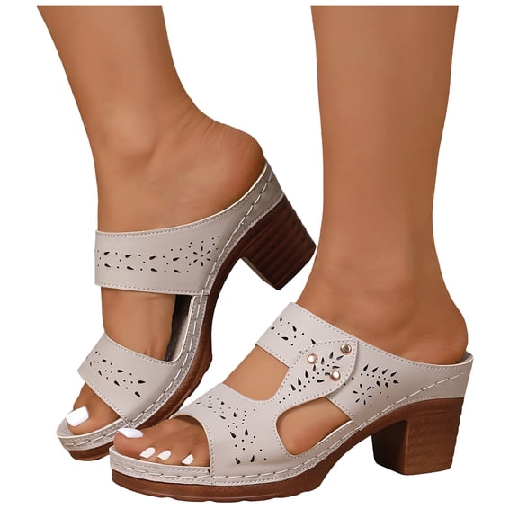 Rokment Womens Platform Slides Dress Sandals Beach Summer Fashion Casual Hollow out Leather Chunky Block High Heels Slip on Orthotic Dressy Slippers for Woman Beige Size 6.5