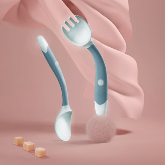 Tenedor y cuchara doblados para bebés, juego de tenedor y cuchara para bebés, utensilios flexibles para bebés, cuchara para entrenamiento de alimentación para ni