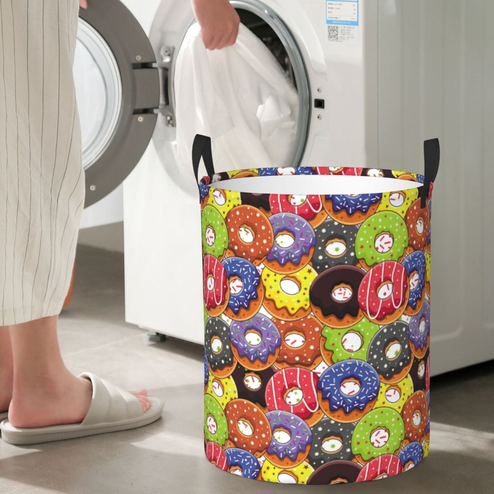 Large Laundry Basket with Handles - Donut Print No.9054 Kids Baby Dirty Clothes Laundry Hamper for Bedroom Aesthetic