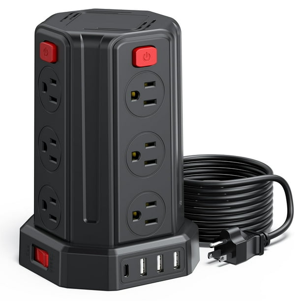 Protector contra sobretensiones de regleta, cable de extensión de 10 pies con 12 salidas múltiples de CA 4 USB (1 USB C), estación de carga de escritorio SMALLRT Power Tower