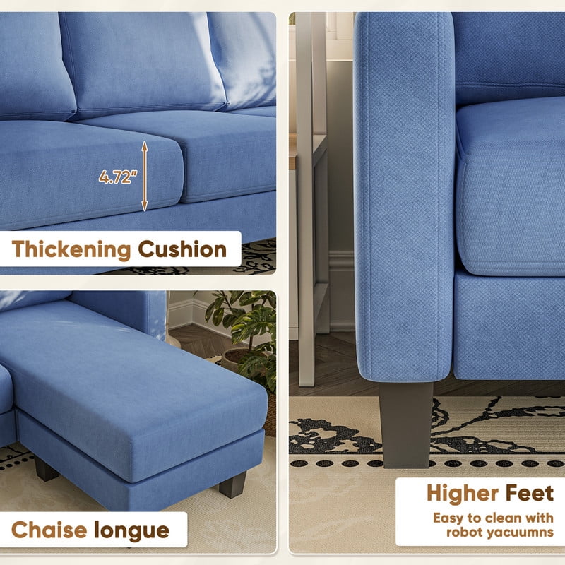 Furmax 70" Convertible Sectional Sofa Couch 3-Seat L-Shaped Small Sofa Couch with Reversible Chaise for Small Living Room, Apartment and Small Space, Linen Blue