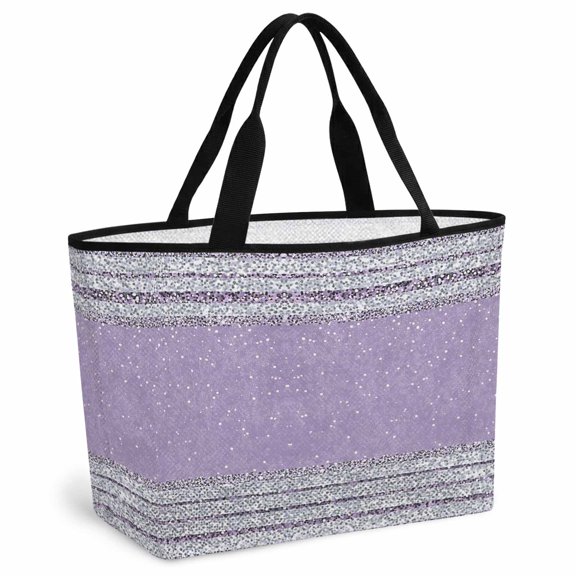 Purple Silver Stripes Beach Bag for Women, Large Breathable Mesh Beach Tote Bag, Modern Ombre Abstract Sandproof Lightweight Travel Bags for Vacation Picnic Swimming Pool 15.7"x15.7"x9.1"