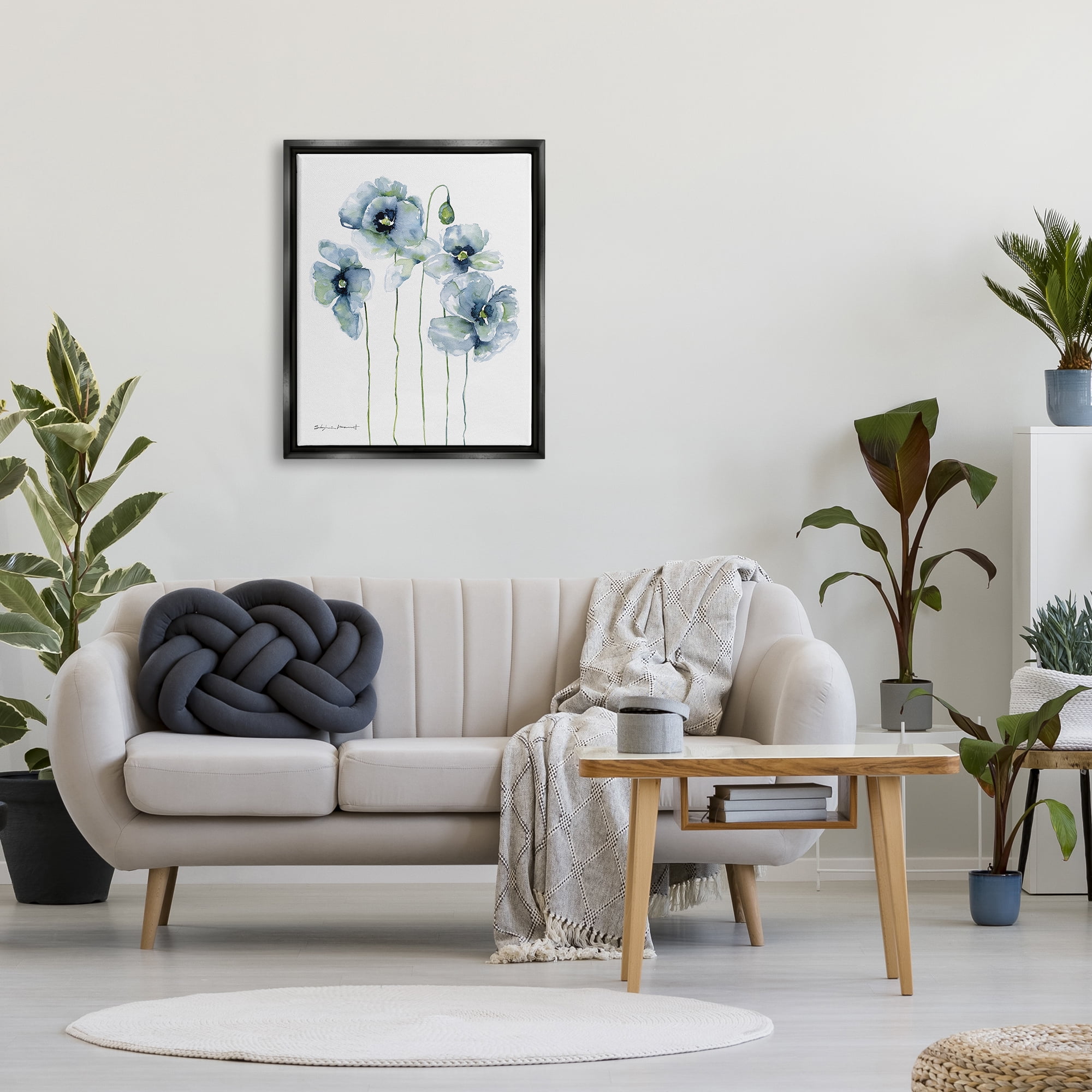 Stupell Modern Poppy Blooms Blue Abstract Botanical & Floral Painting Black Floater Framed Art Print Wall Art
