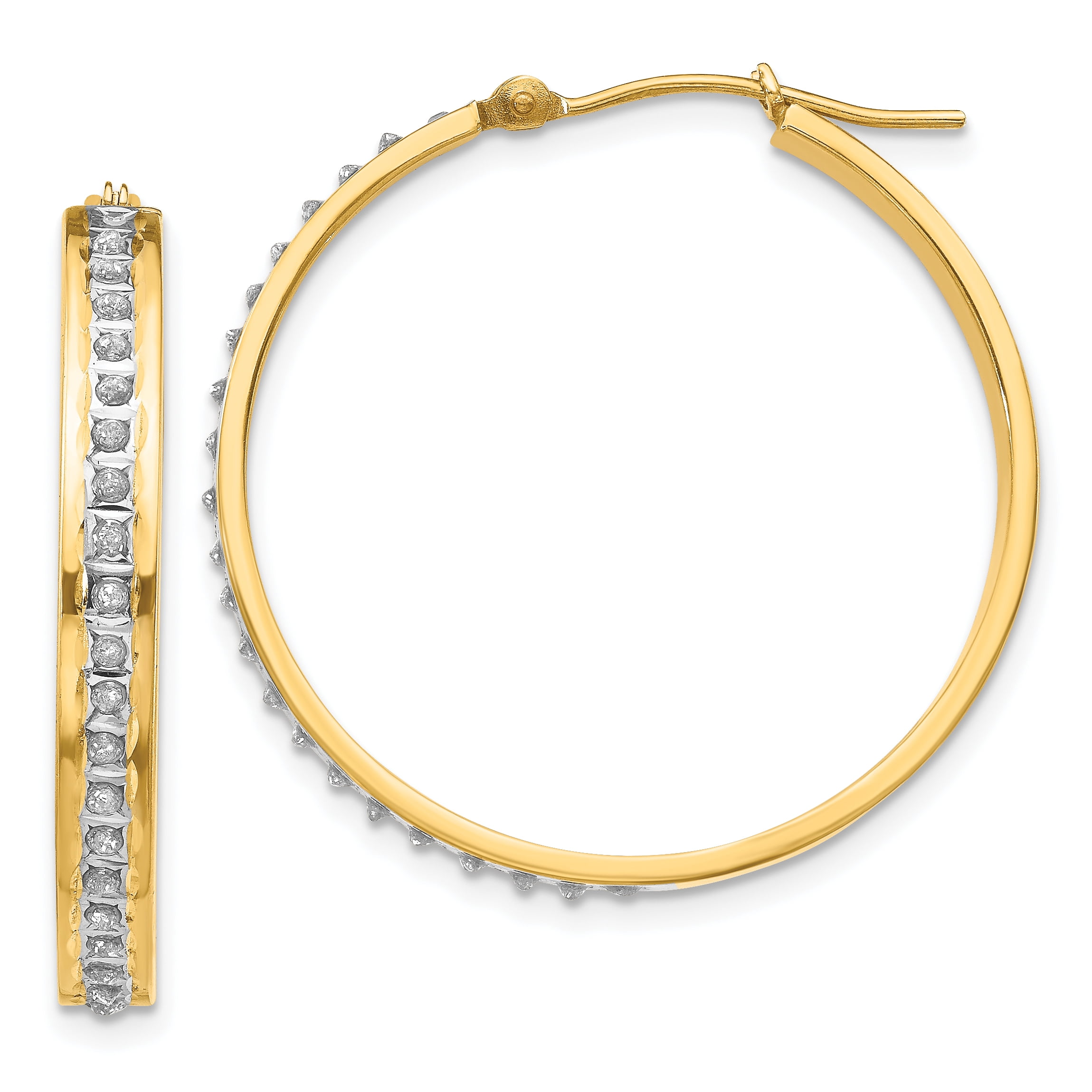 Solid 14k Yellow Gold Diamond Fascination Round Hinged Hoop Earrings 4mm x 31mm Solid 14k Yellow Gold Diamond Fascination Round Hinged Hoop Earrings 4mm x 31mm