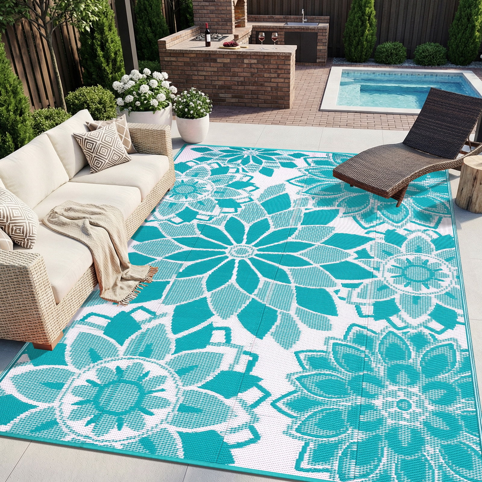Findosom 6'x9' Outdoor Rug Patios Rug Waterproof RV Outdoor Rug Camping Rugs Reversible Plastic Straw Rug Large Outdoor Mat Outdoor Area Rug for Camping,Balcony Apartment,Patio,Picnic,Beach Teal