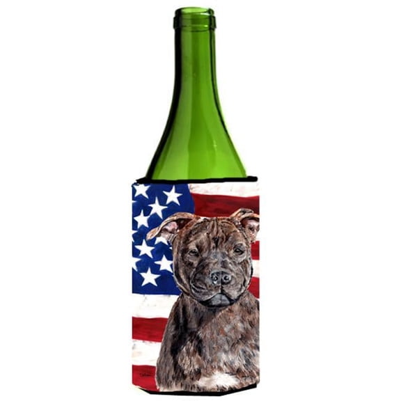 Staffordshire Bull Terrier Staffie With American Flag Usa Wine bottle sleeve Hugger  24 Oz.