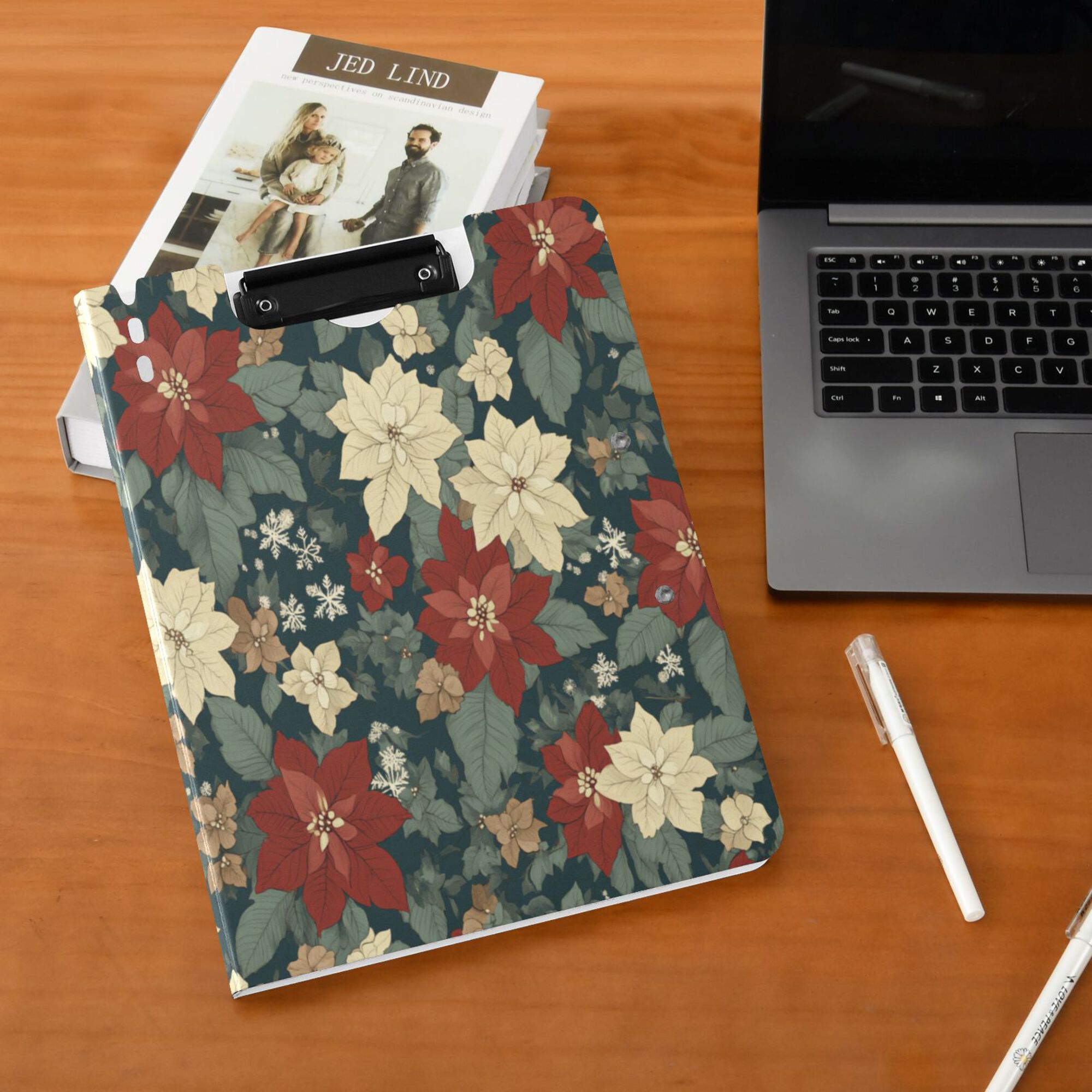 FORMRS A4 Clipboard Folder with Pen Holder Horizontal Foldable School Office Binder, Christmas Blooms