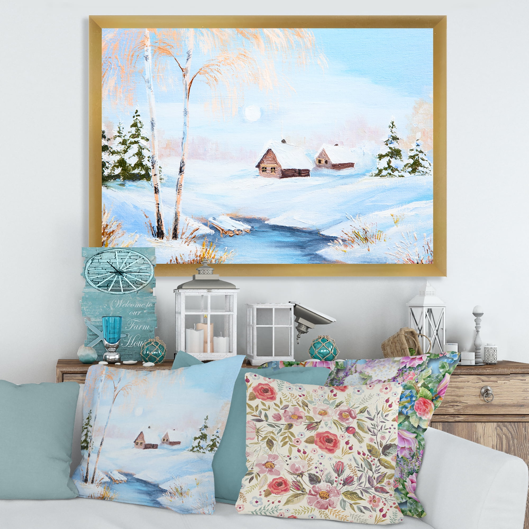 Designart 'Frozen River In The Forest Winter Landscape' Lake House Framed Art Print