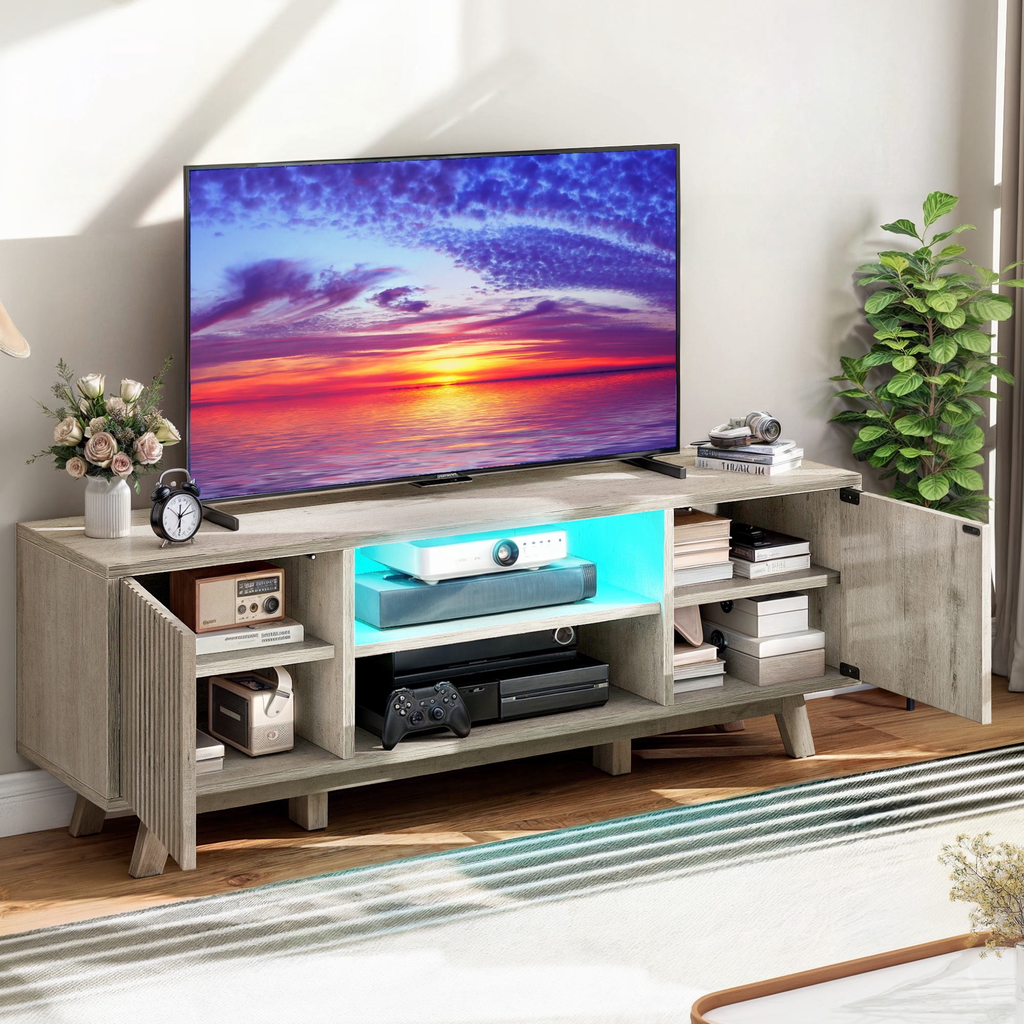 Uforic LED TV Stand for TVs up to 65 inch, TV Entertainment Center Cabinet for Living Room, Gray