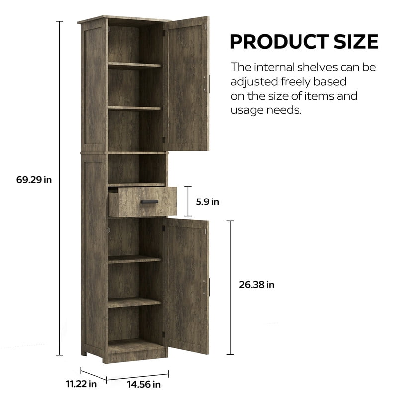 69"H Bathroom Storage Cabinet,Narrow Floor Cabinet with 2 Barn Doors, 1 Drawer & Adjustable Shelves