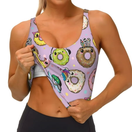 Qokaie Cartoon Donuts Pattern Womens Scoop Neck Sports Bra Breathable Workout Vest Padded U Back Medium Impact Fitness Gym Yoga Bra Workout Crop Top