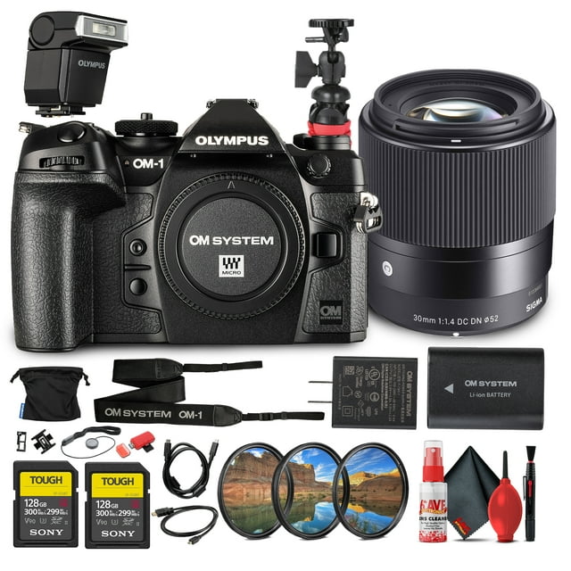 OM SYSTEM OM-1 Mirrorless Camera (V210010BU000) Bundle Including: Sigma 30mm f/1.4 DC DN Contemporary Lens for Micro Four Thirds, 2x 128 GB Memory Cards, Card Reader, 3 Piece Filter Kit, More