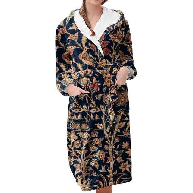 Women's Fleece Plush Robe Long Warm Plush Bathrobe Loungewear Jacket Printed Comfort Robe