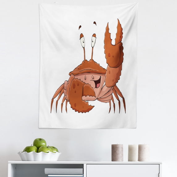 Crabs Tapestry, Friendly Chela Arthropod Waving His Nipper Greeting with a Big Smile Funny Creature, Fabric Wall Hanging Decor for Bedroom Living Room Dorm, 5 Sizes, Brown Coral, by Ambesonne