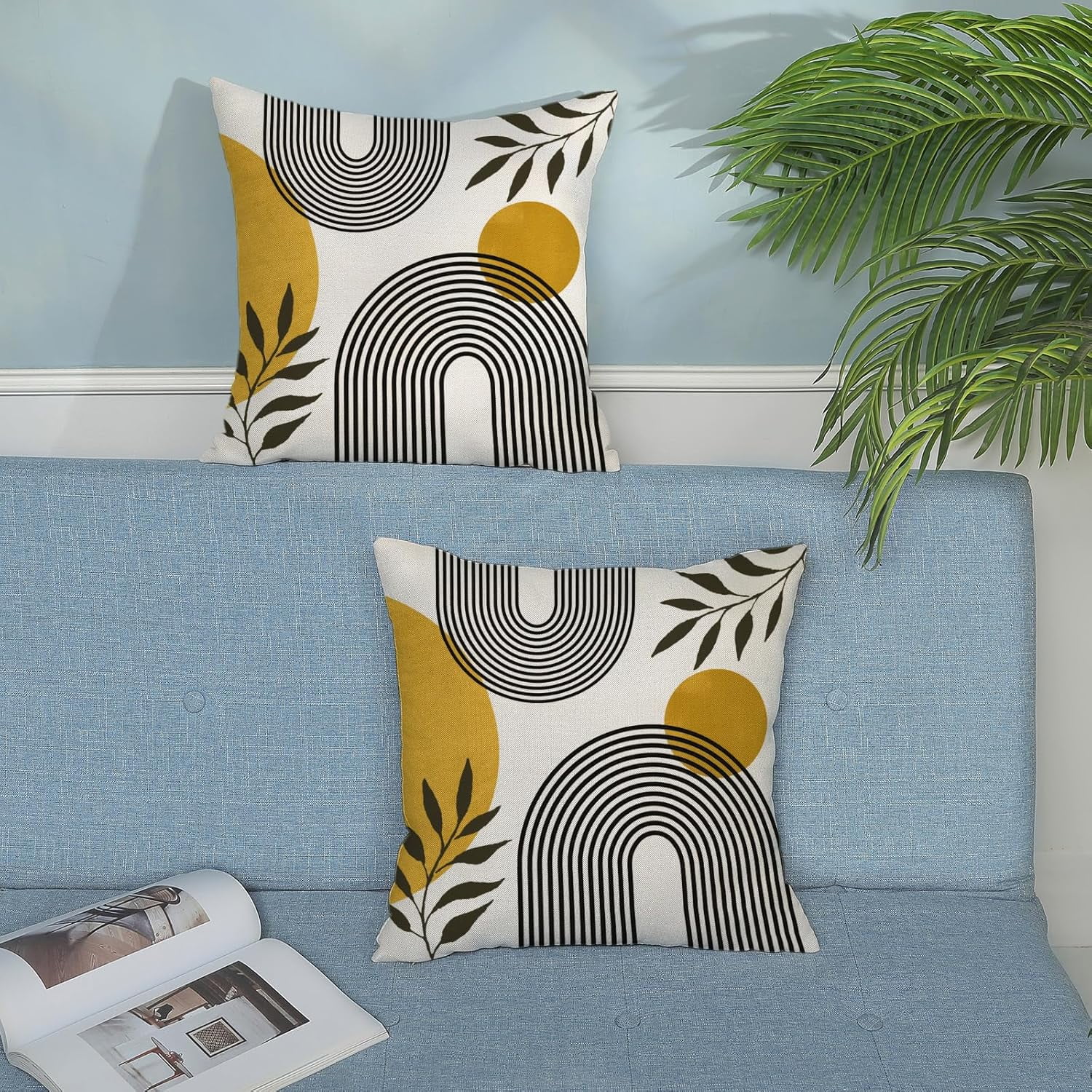 Boho Pillow Covers Set Of 2 - 16x16 Inch Linen Covers, Green Mustard Gold Abstract