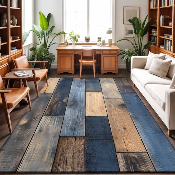 Large Area Rugs 5'x8', Navy Blue Brown Wood Carpet Runner Indoor Outdoor Rugs Home Decor Aesthetic, Farmhouse Vintage Wooden Non Slip Mats Washable Accent Rug for Living Room Bedroom