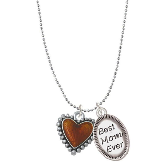 Delight Jewelry Silvertone Translucent Brown Heart with Beaded Border Best Mom Ever Charm Necklace