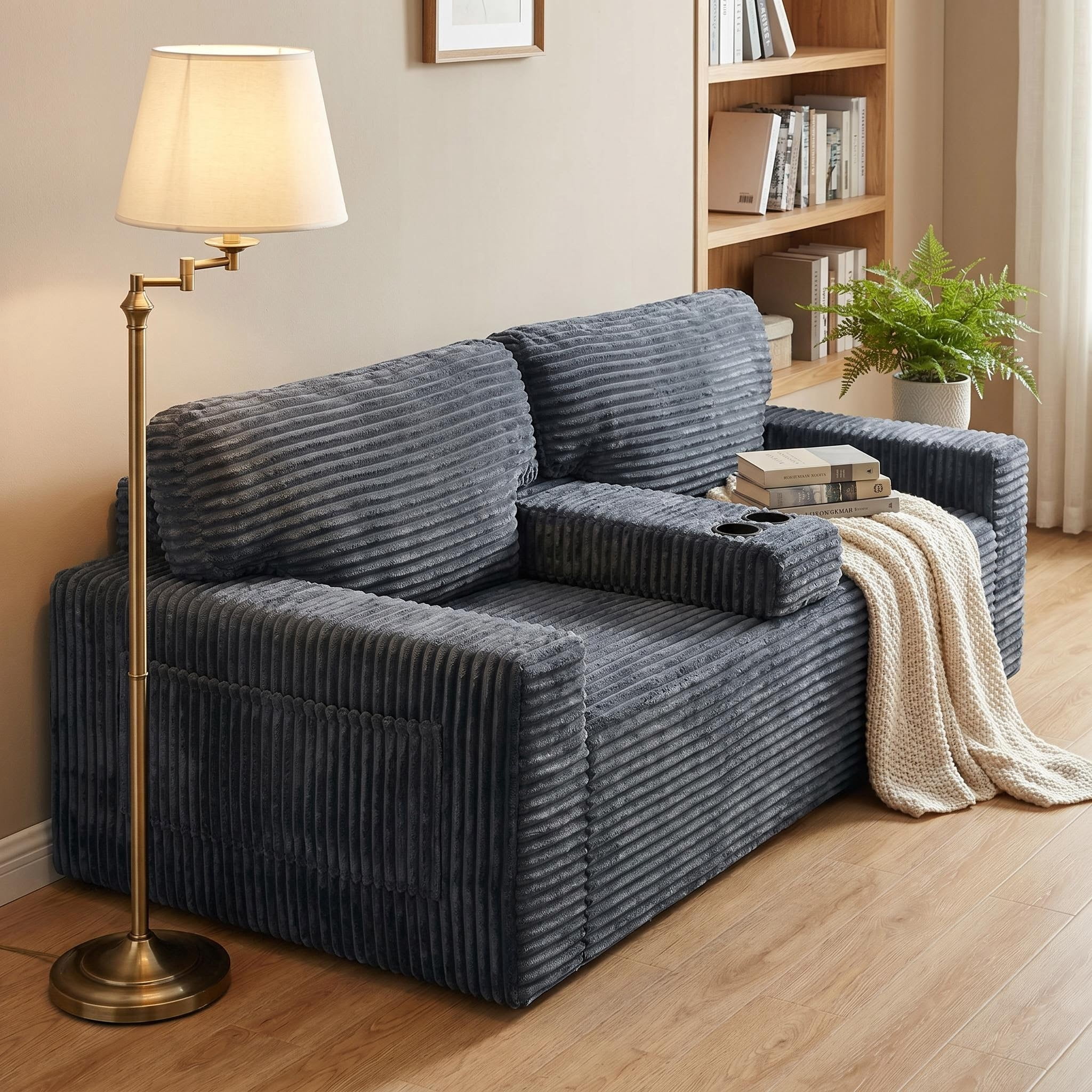 Leumius 91.7" Boneless Couches for Living Room,Plush Corduroy 3 Seater Sofa with Built-in Cup Holders and Side Storage Pocket,No Assembly,Gray