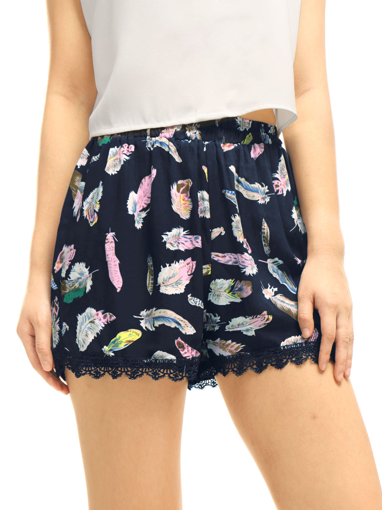 Women's Printed Lace Trip Elastic Waistband Shorts