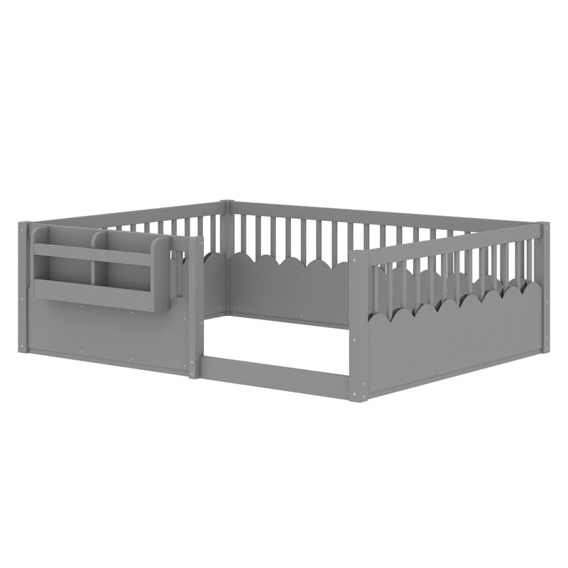 Full Size Floor Bed with Heightened Fence, Kids Platform Bed Frame with No Slat, Montessori Storage Bed with Bookshelf