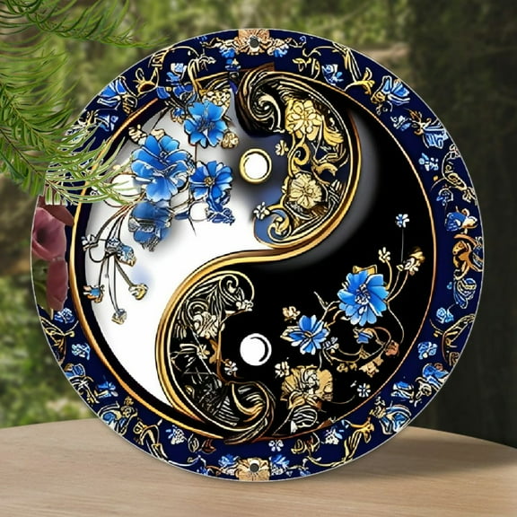 1pc Vintage Yin-Yang Metal Sign, Ornate Blue Floral and Golden Accents, Aluminum Round Wall Art Poster, Retro Decor for Bar, Cafe, Beach House, Mystic Spaces, 7.8x7.8 inch