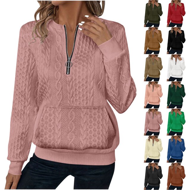 Mceream Chandails Matelassés pour Femmes à Fermeture Éclair, Col Rond, Manches Longues, Chandail Texturé Uni à Enfiler avec Poches, Décontracté, Ample, Mode, Automne Hiver, Tuniques, Grande Taille, Sudadera Para Mujer, Rose, TG
