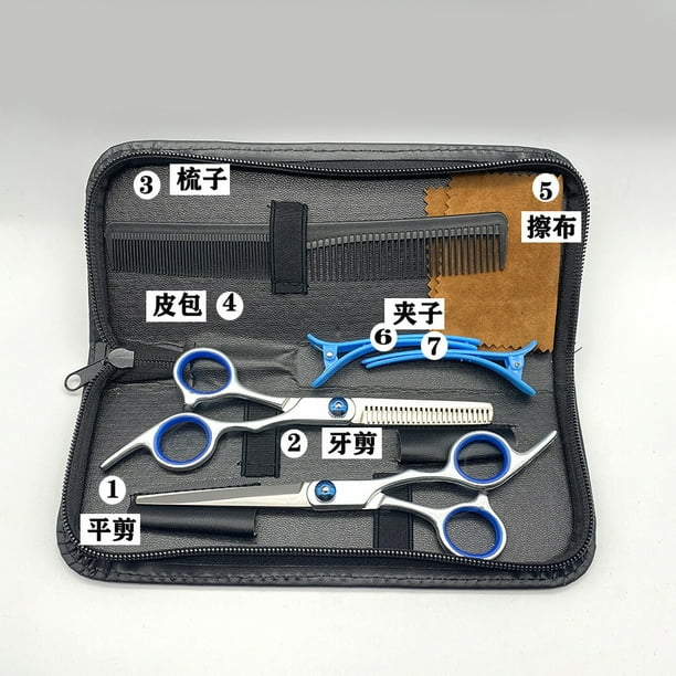 Tijeras para el cabello, 6 pulgadas, dientes, peine plano, clip, tijeras de peluquería, juego de herramientas de corte y entresacado, 7 piezas, clip azul