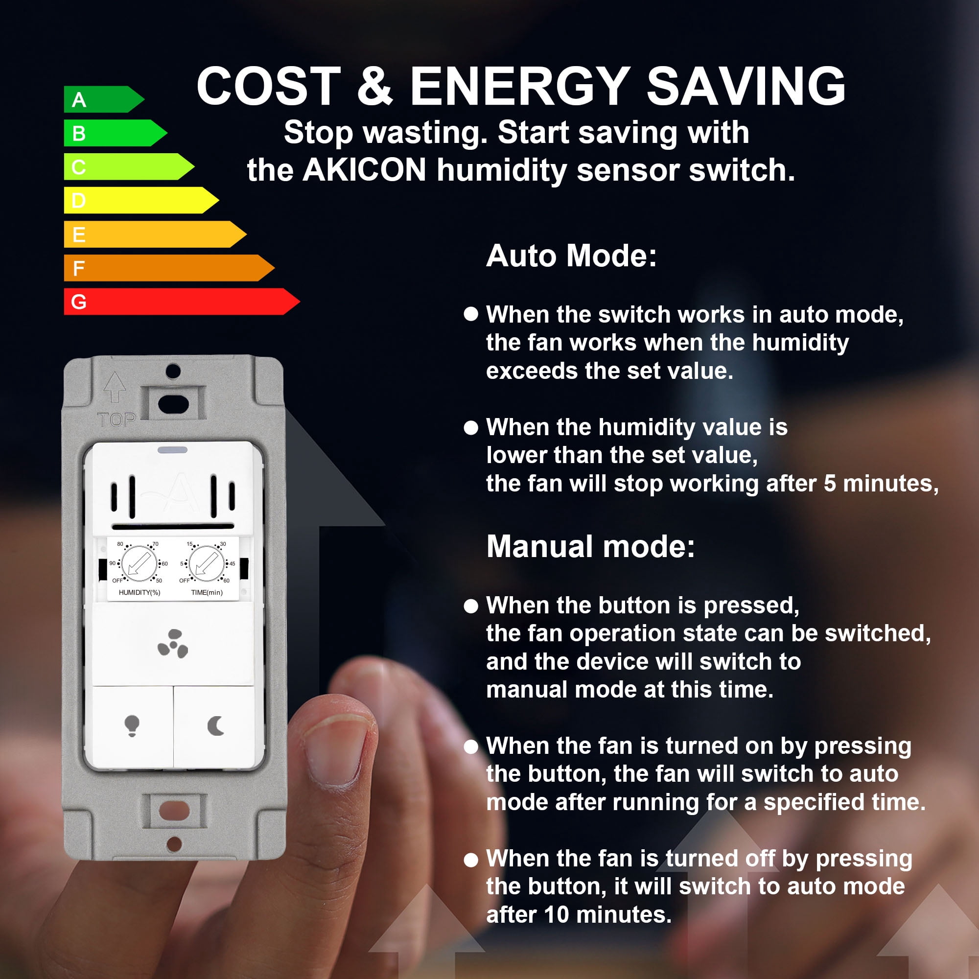 Akicon Humidity Sensor Switch for Bathroom Fan, Ventilation, LED Night Light, Air Moisture Control, Timer, UL Listed, White