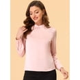 thumbnail image 2 of Blusa de manga de soplo fruncida plisada con cuello alto drapeado suave sedoso Allegra K Rosa S, 2 of 5