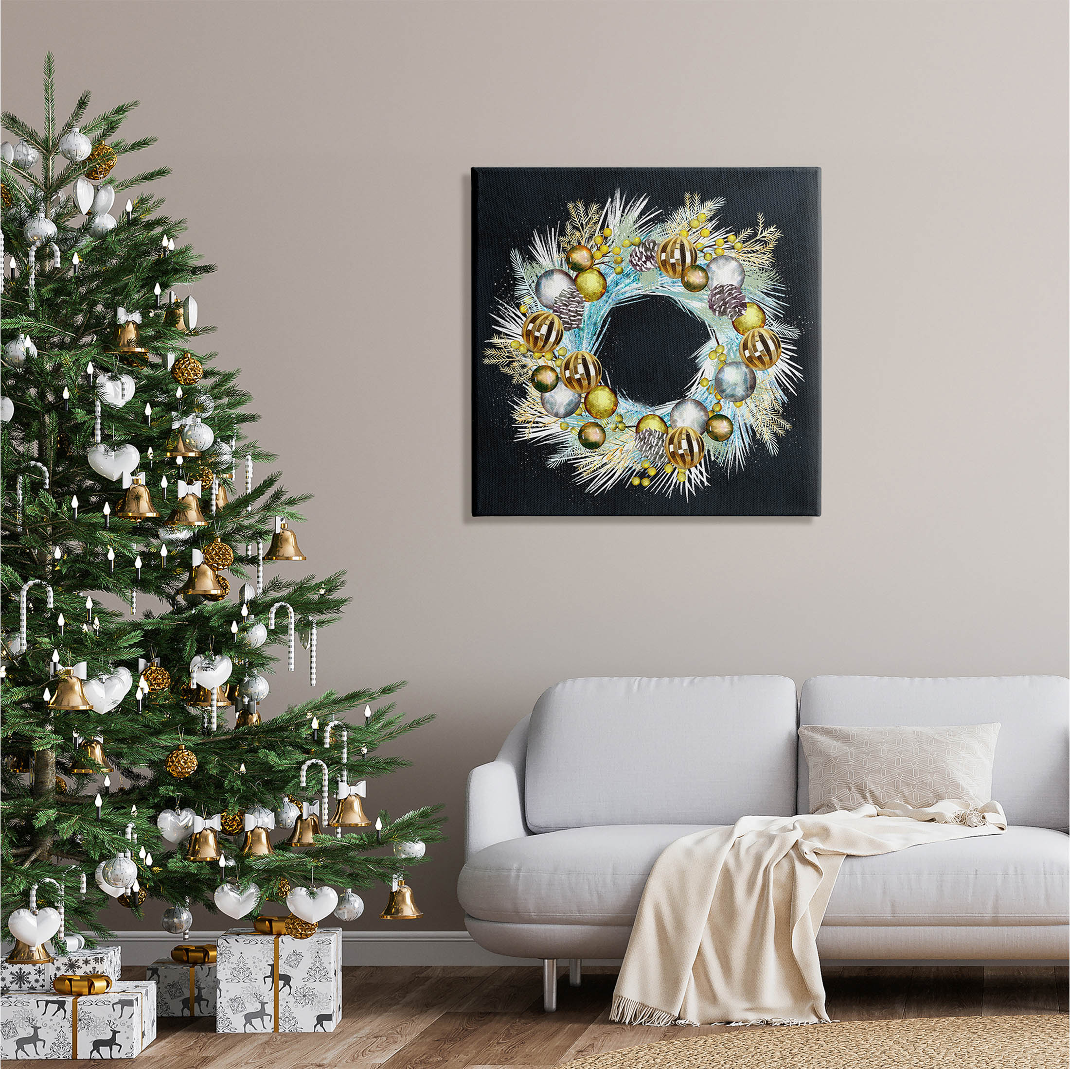 Gleaming Seasonal Pine Wreath Holiday Graphic Art Gallery Wrapped Canvas Print Wall Art