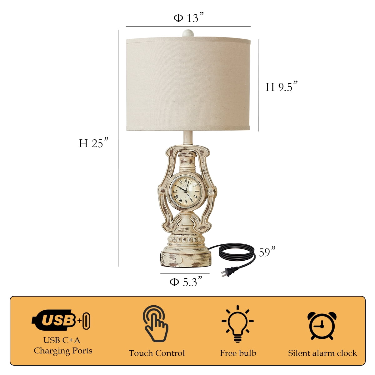 RORIA 25” White Resin Clock Table Lamps Set of 2, Featuring Touch-Controlled Three-Level Dimming and USB-C & A Charging Ports, With a Round Linen Lampshade, Suitable for Living Rooms and Bedrooms