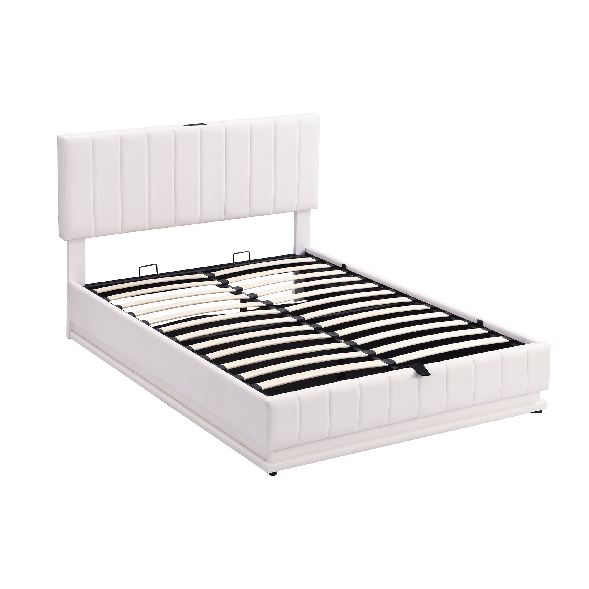 Euroco Full Size Lift up Storage Bed Frame, Modern Upholstered Platform Bed with Wingback Headboard, Hydraulic Underneath Storage with LED Light for Kids Teens, Beige