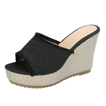 

Women s Fashion Open Toe Thick Bottom Slope Heel Denim Sandals Slippers Casual Comfortable Out Beach Slippers