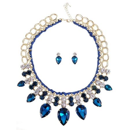 Golden Tone Ocean Faux Topaz White Rhinestone Accented Necklace Earring Set