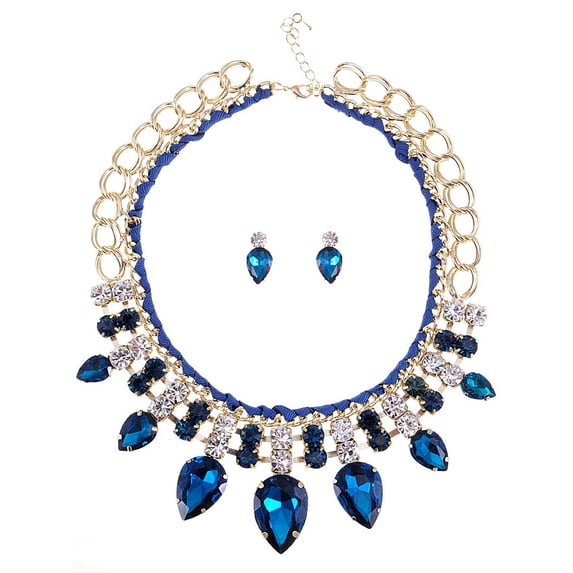 Golden Tone Ocean Faux Topaz White Rhinestone Accented Necklace Earring Set
