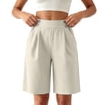 thumbnail image 2 of CQONEPT Women's Casual Bermuda Shorts Elastic Waist Wide Leg Knee Length Summer Shorts with Pockets Beige L, 2 of 7