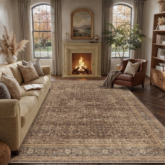 BERTHMEER 8'x10' Area Rugs for Living Room Vintage Brown Rugs for Bedroom Home Office Machine Washable Large Farmhouse Dining Room Oriental Rugs Non Slip Traditional Distressed Carpets