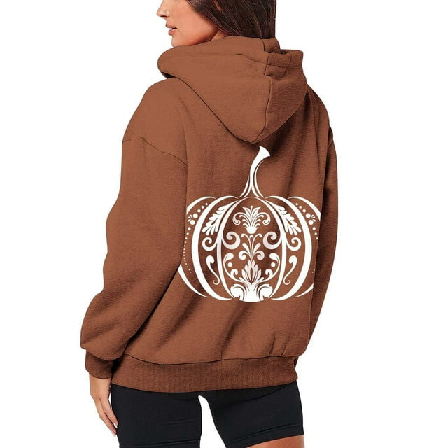 VBARHMQRT Chandails pour Femmes Sans Capuche Mode Féminine Imprimé Citrouille Fermeture Éclair Manches Longues Poche Cordon de Serrage Décontracté Sport Sweat à Capuche
