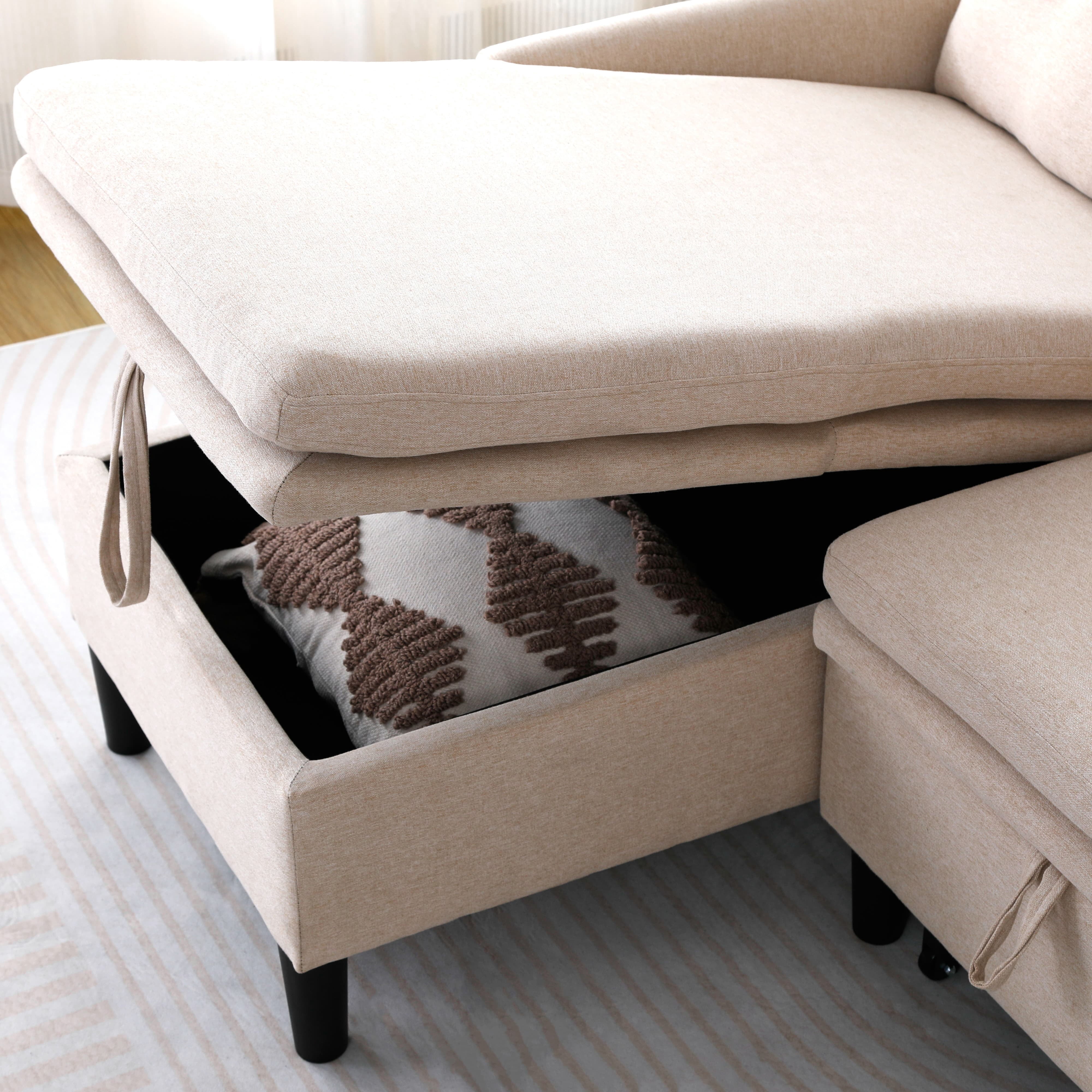 MAYEERTY L-Shaped Reversible Chaise Sectional Sofa Linen Sofa Bed with Storage, for Apartment, Beige