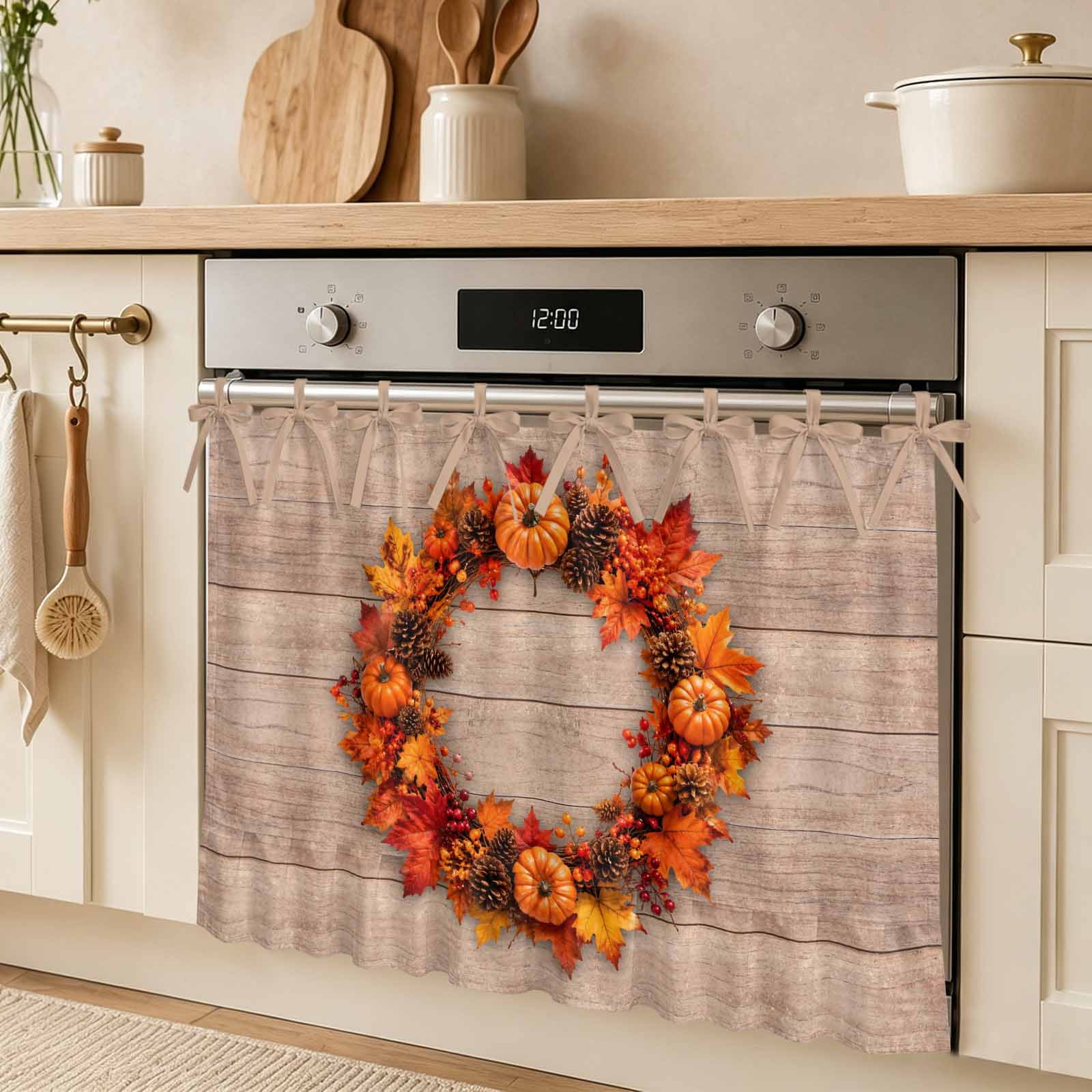 Thanksgiving Fall Oven Skirt Curtain Orange Pumpkin Maple Leaf Wreath Wood Grain Tie Top Tier Curtains Stove Dishwasher Skirt Small Window Drapes for Kitchen Bathroom Cafe 27 x20