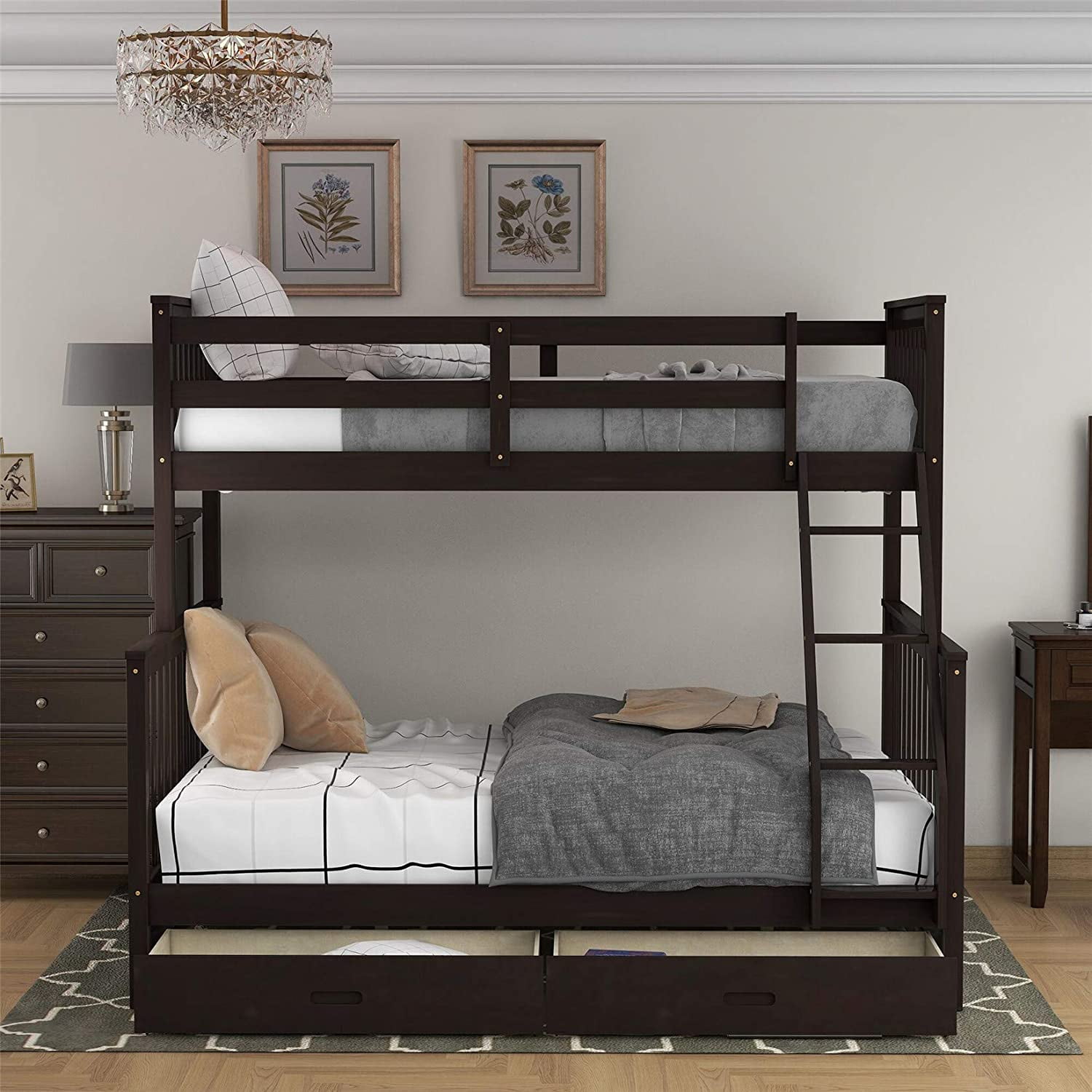 White Twin Over Full Bunk Bed Beds With 2 Storage Drawers Solid Wood Ladder And Safety Rail No Box Spring Required For Kids Teen White Twin Over Full Bunk Bed, Solid Wood Twin Over Full Bunk Bed With Storage