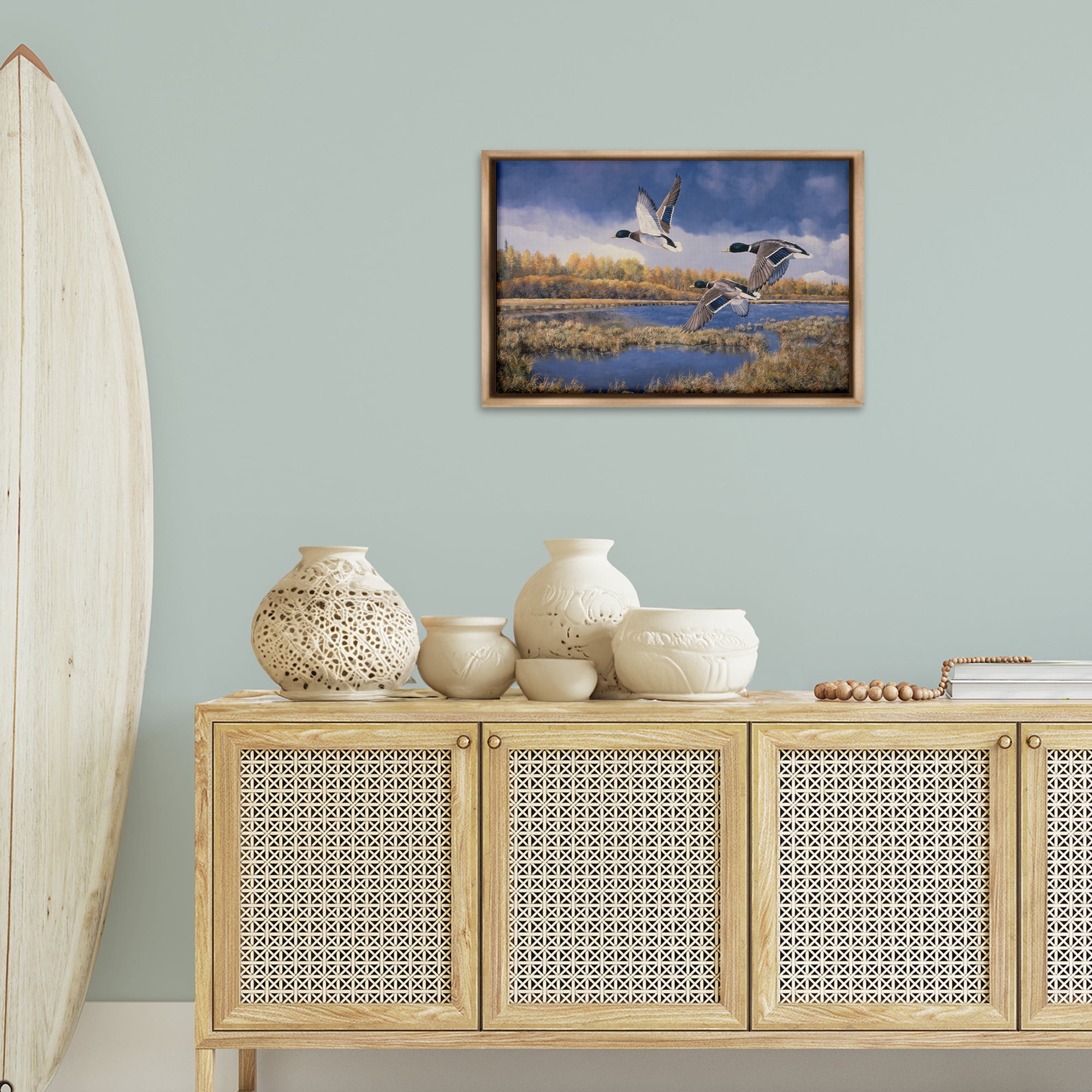 Stupell Industries Ducks Heading South Landscape & Nature Painting Brown Floater Framed Canvas Art Print Wall Art, 25 x 17