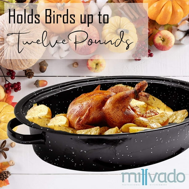 Millvado Granite Roasting Pan 12 lb Capacity Turkey Roasting Pan with Lid 16 Granite Oven Roaster Oval Shaped Speckled Enamel on Steel Cookware