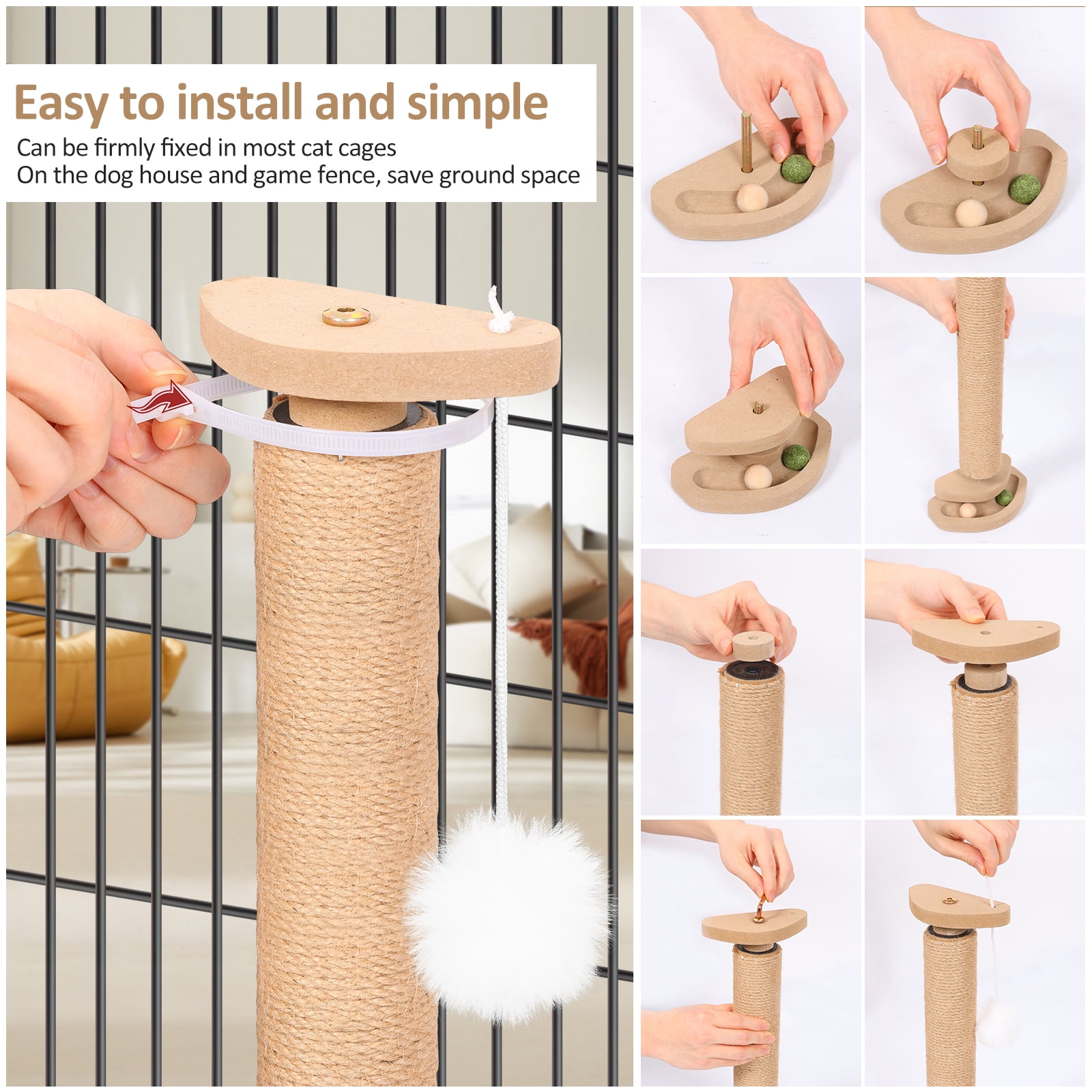 Threns Cat Scratching Post,Kitten Scratching Post with Track Ball Toy for Indoor Cage Cage,Mounted with Self Groomer and Massager Kennel Playpen Accessories