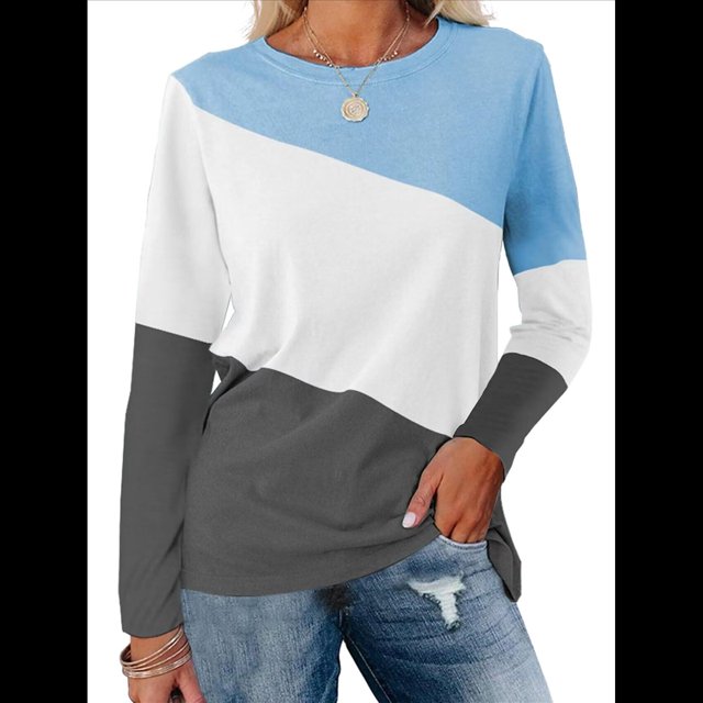 Blusas de Bloque de Color para Mujer, Estilo Túnica Informal de Larga con Cuello Redondo, Tipo Jersey. Gris Azulado XL