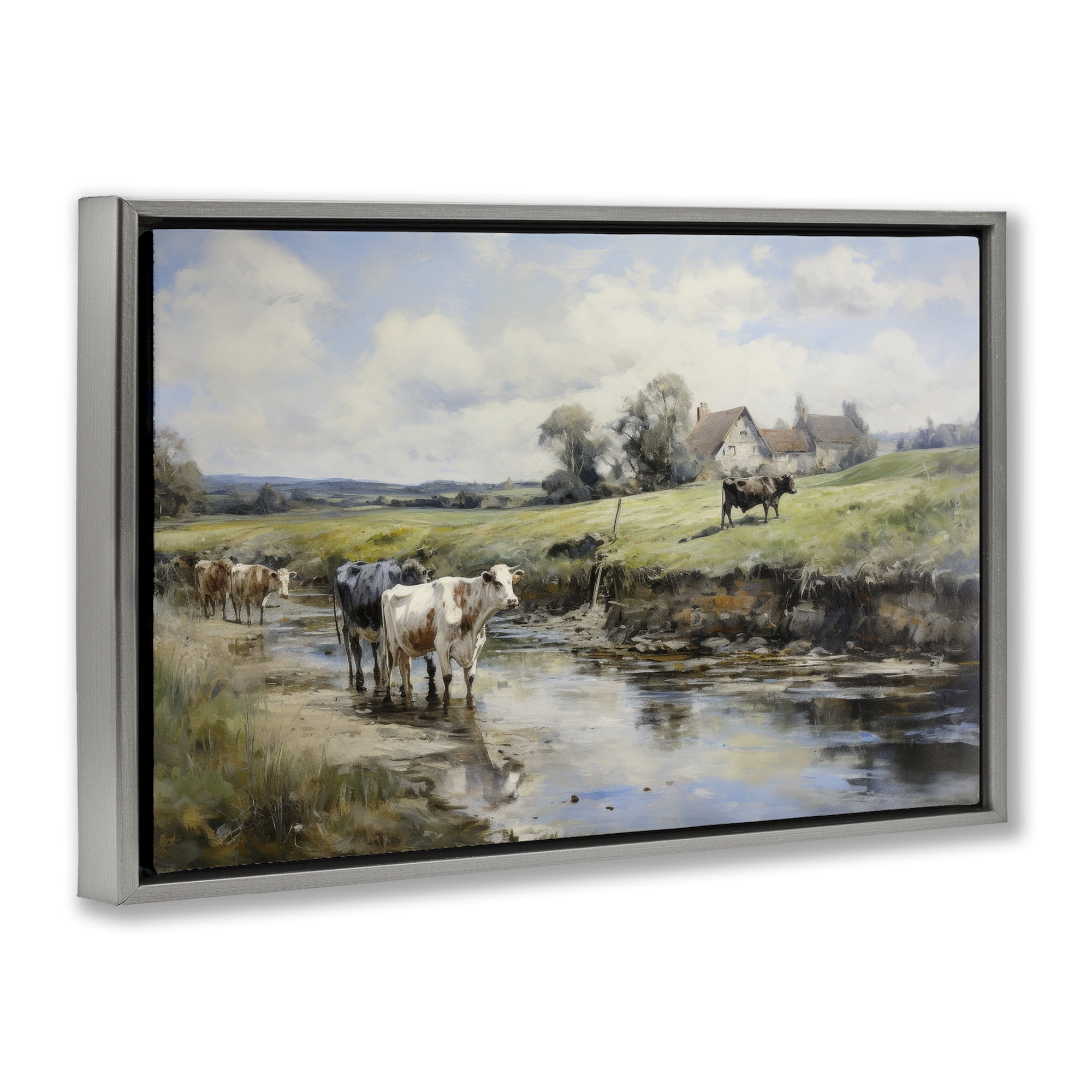 Stupell Industries Free Roaming Cattle Landscape & Nature Painting Gray Floater Framed Canvas Art Print Wall Art, 31 x 21