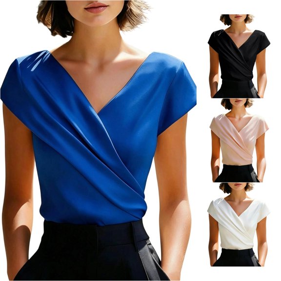 Rggeeun Women Tee Shirts Solid Color Satin Short Sleeve Wrap V Neck Drape Lightweight for Summer Daily Wear Leisure Tees,Blue,Xl