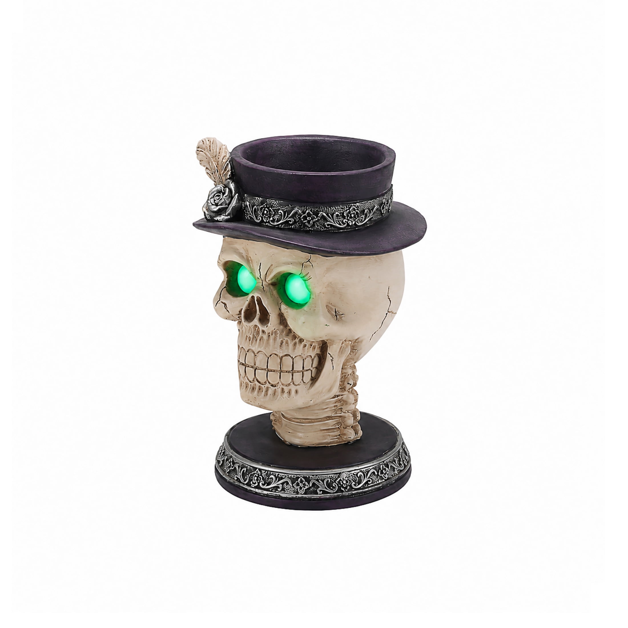 Noble House Gothic Skull Pillar Candle Holder with LED Light Eyes & Rose Top Hat, Spooky Tabletop Decor, Black White